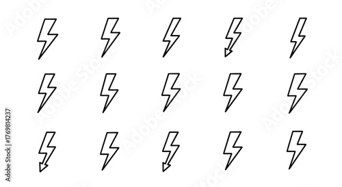 Collection of simple, isolated line icons representing lightning bolts, perfect for graphic design, book illustrations, advertisements, and app interfaces. This editable stroke vector illustration