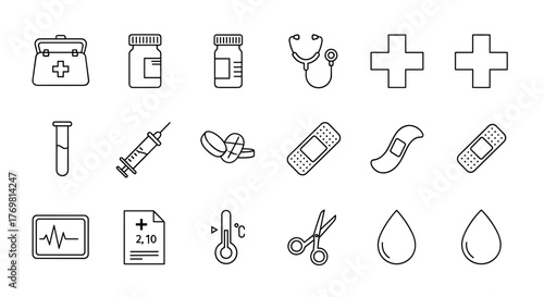 Set of medical icons with editable stroke, perfect for websites, books, cards, and apps. This vector cartoon illustration includes a medical suitcase, pill bottles, stethoscope, crosses, test tube