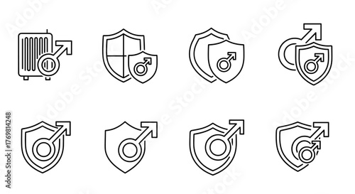 Line illustration of male sign and shield for graphics, concept, apps, vector cartoon illustration with a white background, ordered set, try to avoid, graphic resources, security, protection, safety