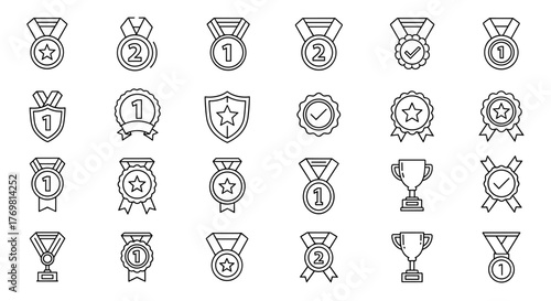 Collection of thin line icons representing medals, trophies, and awards, perfect for web, books, cards, and apps. This editable stroke vector cartoon illustration features various award symbols like