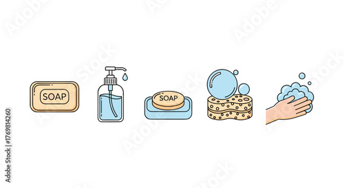 A clean and hygienic set of vector graphics illustrating various forms of soap and handwashing, including bar soap, liquid soap dispenser, soap dish, sponge with bubbles, and a hand lathering with
