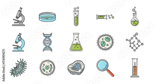 Collection of science and research icons, including microscopes, petri dishes, DNA strands, test tubes, flasks, cells, and molecular structures, rendered in a clean, modern cartoon style with