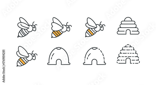 A collection of minimalist linear-style icons featuring bees and beehives, presented in a clean and modern design. This set includes various depictions of bees in flight and different styles of