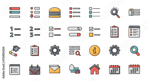 Vivid collection of cartoon interface icons, including menu bars, lists, search bars, checklists, calendars, mail, gears, and a hamburger, perfect for infographics, articles, books, flyers, and