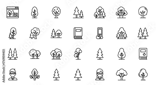 Collection of simple, isolated line icons representing trees and forests, featuring editable strokes, suitable for web, books, cards, and apps, presented as vector cartoon illustrations with a modern