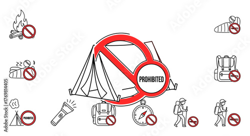Set of thin line icons representing prohibited camping activities and items, including campfire, tent, backpack, flashlight, and hikers, with a large central prohibition symbol overlaying a tent