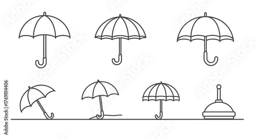 A collection of six linear vector illustrations of umbrellas and a plunger, presented on a clean white background, ideal for graphic design, book illustrations, advertisements, and app icons