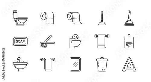 Collection of thin line icons representing bathroom essentials and cleaning tools, including a toilet, toilet paper rolls, plungers, soap, toilet brush, sink, towel rack, mirror, trash can, and a wet