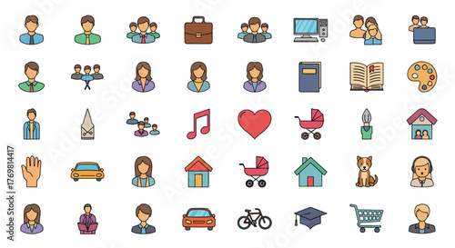 Diverse Collection of Flat Design Icons Representing People, Work, Hobbies, and Family Life, Ideal for Graphic Design, Websites, Cards, Books, and Articles, Rendered in a Vibrant Cartoon Vector Style.