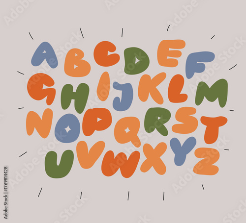 Vector illustration of alphabet letters with funny faces and playful expressions, colorful hand-drawn typography design for children education and learning.
