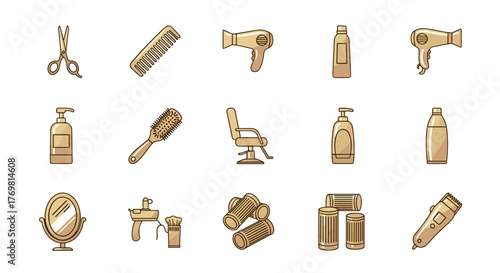 Golden gradient vector illustration of a collection of essential hair salon tools and equipment, including scissors, combs, hair dryers, brushes, shampoo bottles, mirrors, rollers, and a barber