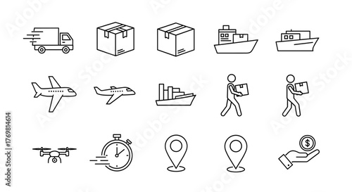 A comprehensive set of thin line icons representing delivery and shipping services, including a truck, box, and various outline signs, perfect for graphic and web design, app development