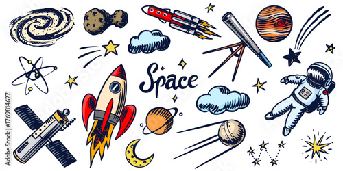 Hand drawn space doodles in sketchy style with rocket astronaut or spaceman, milky way galaxy, satellite and a comet, planets and telescope. science elements for kids and educational content