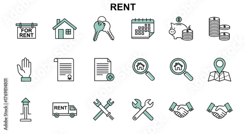 A comprehensive vector icon set illustrating various aspects of renting and real estate transactions, including a 'For Rent' sign, house, keys, calendar, piggy bank, coins, hand, contract, magnifying