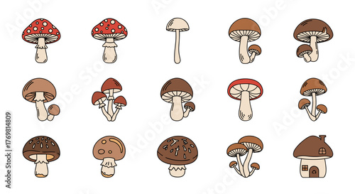 A charming collection of modern outline-style mushroom icons, featuring a variety of whimsical designs from classic red-and-white spotted toadstools to earthy brown varieties, including a unique