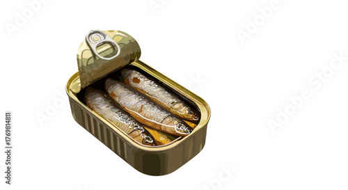 A close-up, high-angle shot of an open tin can filled with several whole sardines packed in oil, presented against a stark black background, highlighting the texture and detail of the preserved fish