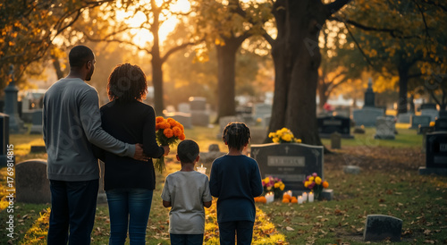 African American family visiting a grave in a cemetery at sunset. Parents and children honoring a loved one on All Souls' Day. Concept of remembrance, grief, and family support
