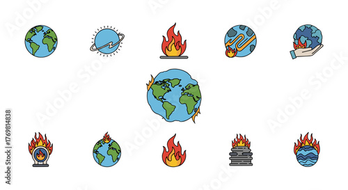 Collection of stylized vector illustrations depicting the Earth on fire, symbolizing global warming, climate change, environmental crisis, and ecological disaster. Includes icons of burning planet