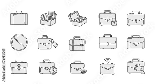 Collection of thin line icons representing briefcases and related business elements, perfect for web, books, cards, and apps. Editable stroke vector cartoon illustrations on a white background
