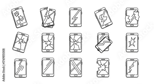 Collection of outline icons representing damaged smartphones with cracked screens, shattered glass, and various forms of breakage, perfect for graphic design, web development, app interfaces, and