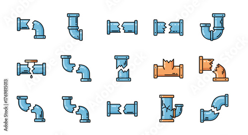 Collection of broken pipe icons and illustrations, featuring various types of fractures, leaks, and connections in blue and orange hues, suitable for plumbing, repair, or industrial design concepts