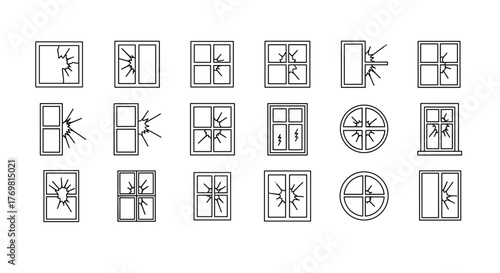 Collection of minimalistic line icons representing broken windows, featuring various designs from simple cracks to shattered panes, suitable for web, graphic design, apps, banners, social networks