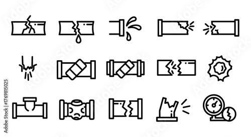 Broken pipes outline icon set, symbolizing plumbing issues, leaks, and maintenance needs. This vector cartoon illustration on a white background is perfect for graphic design, web sites, cards