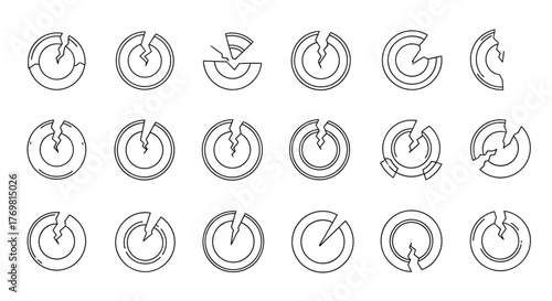 A collection of 15 outline linear icons representing a broken plate or cracked circle, ideal for graphic and web design, apps, adverts, and various cards. This vector cartoon illustration features a