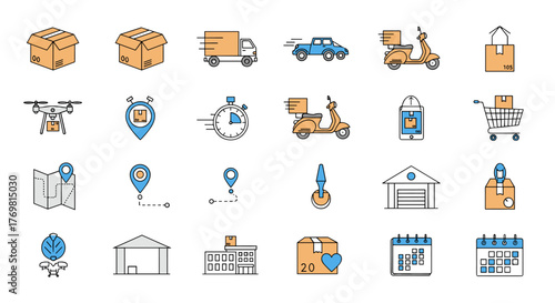 A minimalist and modern vector icon set depicting various aspects of box transportation and delivery, including trucks, cars, scooters, drones, maps, GPS pins, calendars, warehouses, and shopping