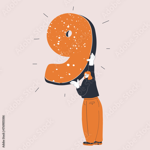 Vector illustration of a woman holding the number nine