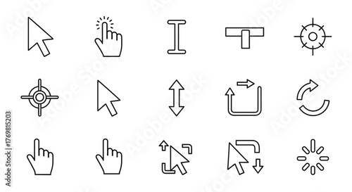 Set of outline cursor icons for graphic and web design, apps, adverts, and various cards. This vector cartoon illustration features a white background and includes a standard cursor, hand pointer