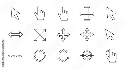 Collection of outline cursor icons and loading indicators for graphic and web design, apps, adverts, and various cards, presented as a vector cartoon illustration on a white background, featuring