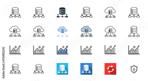 Collection of data icons in multiple styles, including database servers, cloud storage, and growth charts, presented as clean line art on a black background, suitable for technology and business