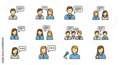 Set of minimalistic faceless people icons engaged in various communication scenarios, including one-on-one conversations, group discussions, and public speaking with microphones, presented in a