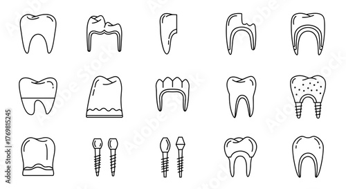 Collection of dental crown line icons, representing various aspects of dental care and prosthetics. These outline signs are perfect for graphic and web design, mobile applications, advertisements