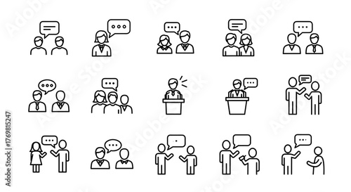 Faceless people talking, minimalistic thin outline icons, vector cartoon illustration. Set of icons representing communication, discussion, conversation, and public speaking, perfect for business and