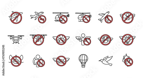 A collection of prohibition signs featuring various flying objects like airplanes, helicopters, drones, and even a hot air balloon, all with a red circle and slash indicating 'not allowed' or