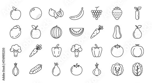 A diverse collection of fresh fruits and vegetables rendered as clean, thin outline icons on a stark black background, perfect for UI design, web graphics, and healthy eating themes. This vector