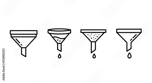 Set of four stylized line art funnels on a black background, illustrating different stages of filtering or separation, with drops falling from each, suitable for web, print, and app design.