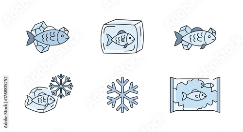 Set of minimalistic vector cartoon illustrations depicting frozen fish in various states of preservation, including ice blocks, snowflakes, and packaging, perfect for web, graphic design, apps