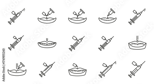 Set of simple thin line icons depicting gingival injections and lip fillers, perfect for websites, books, cards, and apps, presented as a vector cartoon illustration on a white background