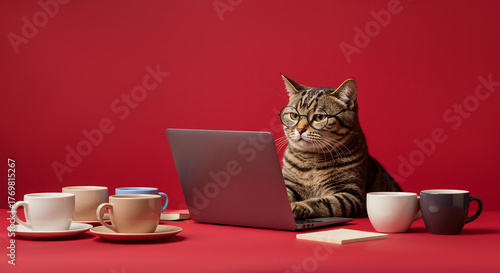 A funny tabby cat with glasses working on a laptop at a red desk. Humorous business pet in an office with many coffee cups. Remote work and deadline concept with copy space