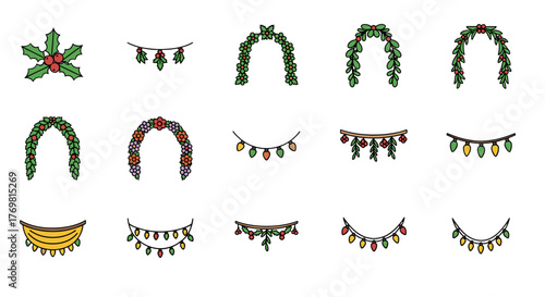 Collection of festive Christmas and holiday decorative elements, including holly sprigs, floral arches, and string lights, presented as isolated cartoon vector illustrations on a clean background