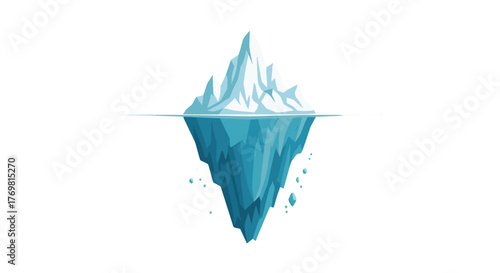 A striking vector illustration of a large, jagged iceberg floating in dark blue water, with its massive underwater portion clearly visible, symbolizing global cooling, climate change, and the hidden