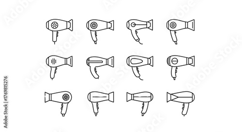 Collection of twelve minimalistic outline icons representing various styles of hair dryers, presented on a clean white background, ideal for web design, graphic applications, social media, and