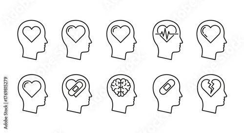Set of linear icons representing human head profiles with various heart and brain symbols inside, symbolizing emotions, mental health, and well-being, perfect for graphic design, web, apps, and