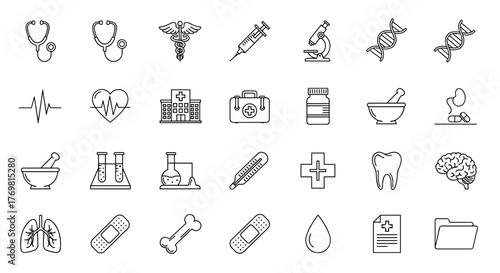 A comprehensive collection of white line art icons on a black background, representing various aspects of health and medicine, including stethoscopes, caduceus symbols, syringes, microscopes, DNA