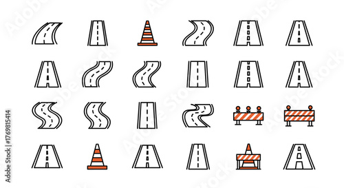 Vivid collection of outline traffic cone and road line icons, perfect for graphic and web design, apps, adverts, and various cards. This vector cartoon illustration features essential road safety and