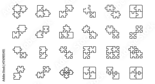 A collection of vivid, outline-style puzzle icons, perfect for infographics, articles, books, flyers, and banners. This vector cartoon illustration features editable strokes and a clean, modern