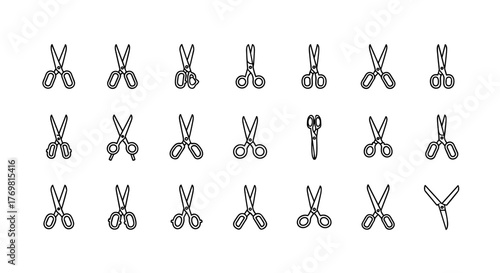 A collection of minimalistic line art icons representing various types of scissors, perfect for web design, graphic design, app interfaces, social media banners, and greeting cards. This vector